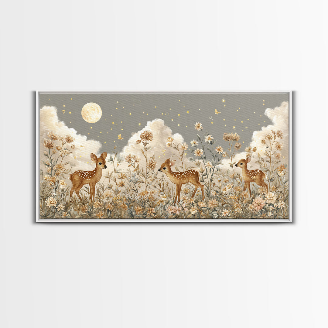 Baby Deer in Meadow with Fireflies Framed Canvas Print, Nursery Decor, Room Decor, Fine Art, Nursery, Framed Wall Art, NDE-2x1-42
