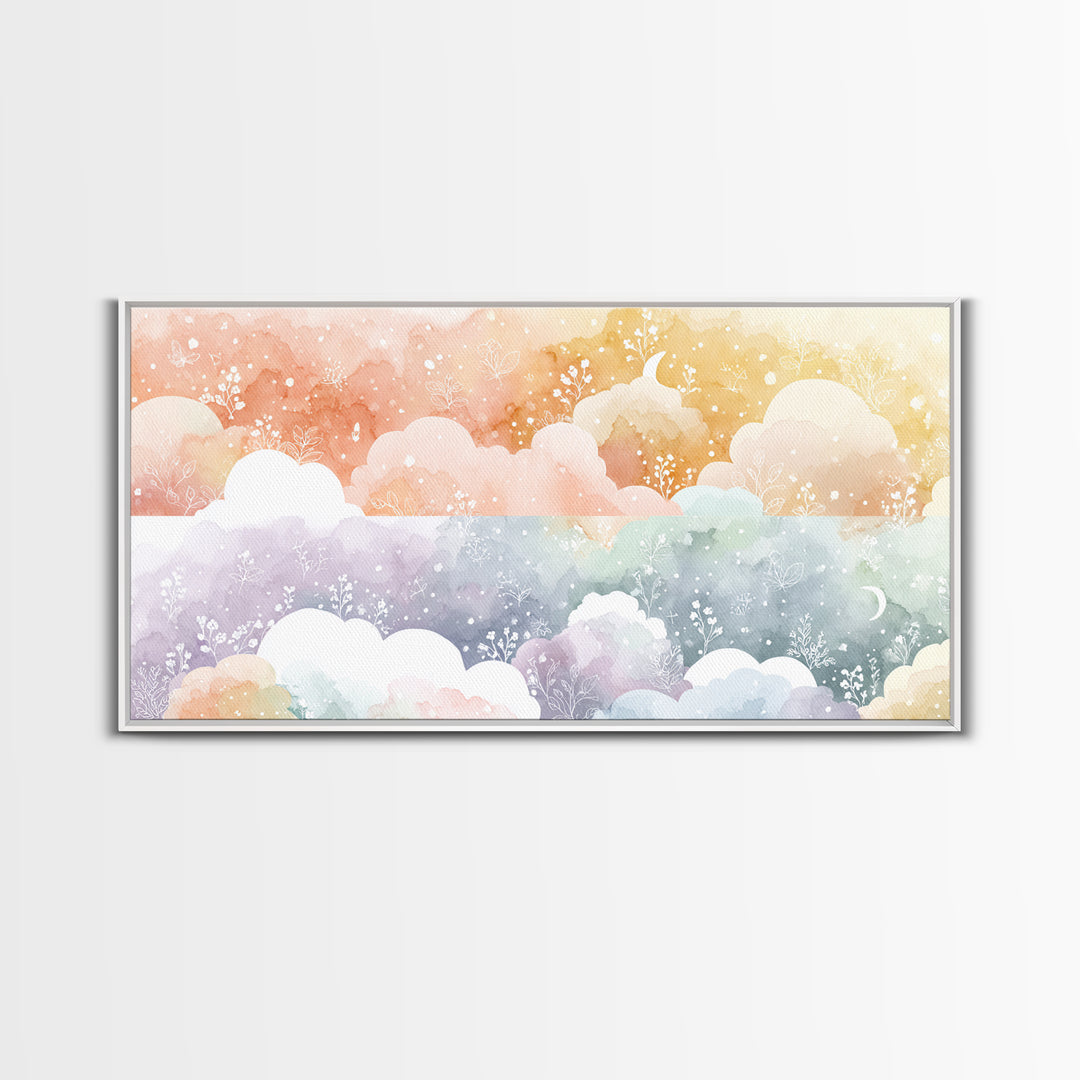 Pastel Rainbow with Soft Cloud Shapes Framed Canvas Print, Nursery Decor, Nursery Wall Decor, Nursery, Nursery Name Sign, NDE-2x1-45