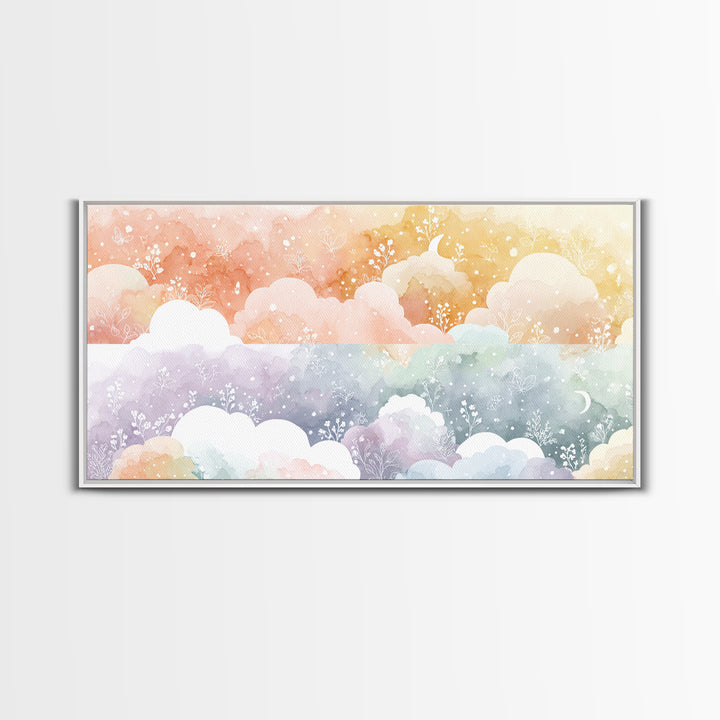 Pastel Rainbow with Soft Cloud Shapes Framed Canvas Print, Nursery Decor, Nursery Wall Decor, Nursery, Nursery Name Sign, NDE-2x1-45