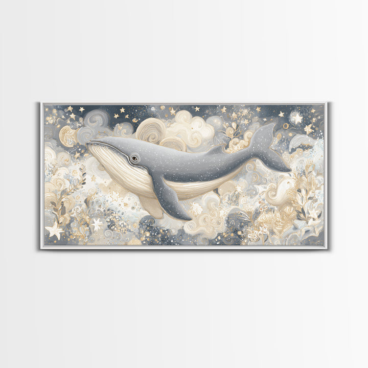 Baby Whale Swimming Through Stars Canvas Print, Nursery Decor, Canvas, Fine Art, Nursery, Playroom Decor, Floral Wall Art, NDE-2x1-52
