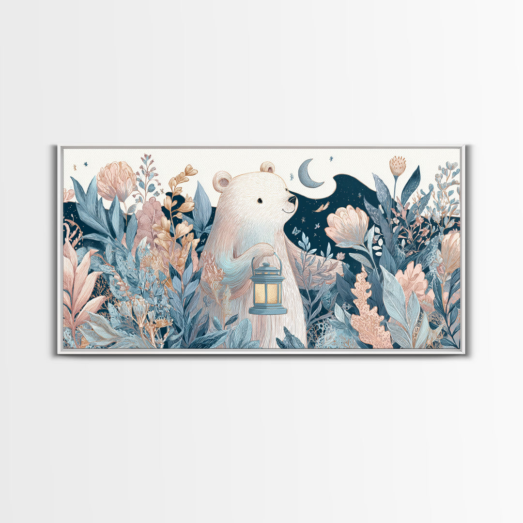 Storybook Bear with Little Lantern Canvas Print, Nursery Decor, Wall, Oil Painting, Nursery, Nursery Wall Decals, NDE-2x1-53