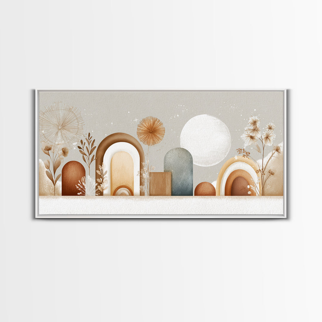 Neutral Boho Sun and Arch Shapes Framed Canvas Print, Nursery Decor, Nursery Prints, Fine Art, Nursery, Nursery Wall Decal, NDE-2x1-55