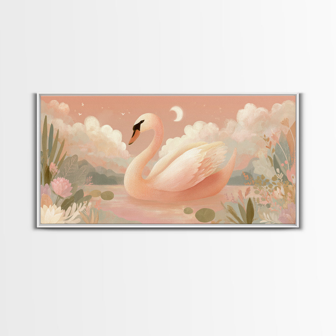 Pink Swan on Calm Pond Canvas Print, Nursery Decor, Wall Decal, Fine Art, Nursery, Wall Light, Baby Girl Nursery Decor, NDE-2x1-57