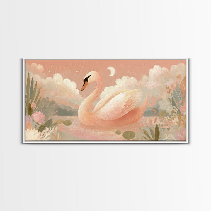 Pink Swan on Calm Pond Canvas Print, Nursery Decor, Wall Decal, Fine Art, Nursery, Wall Light, Baby Girl Nursery Decor, NDE-2x1-57
