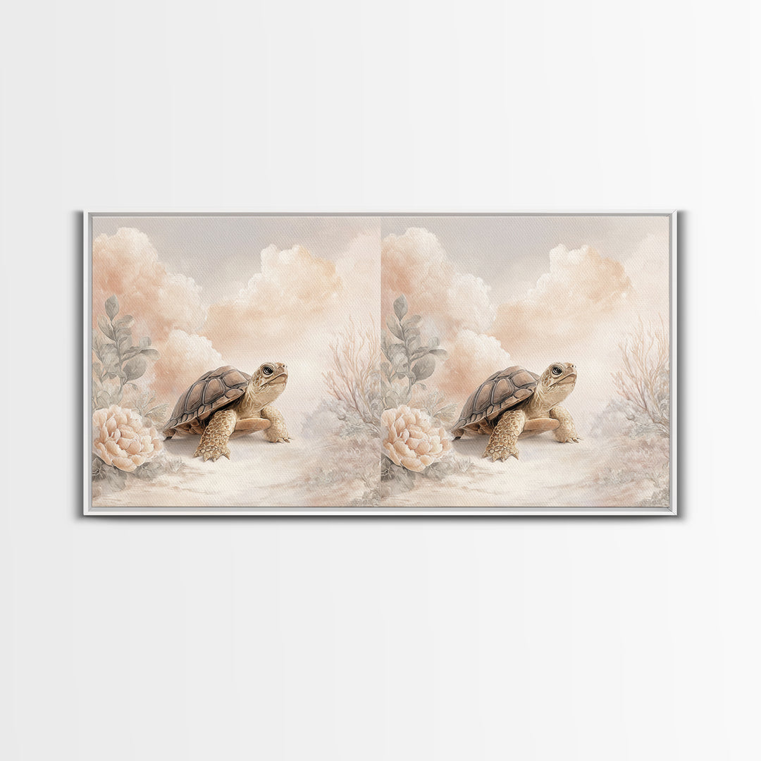 Tiny Turtle with Sea Plants Canvas Print, Nursery Decor, Floral Wall Art, Fine Art, Nursery, Gallery Decor, Neutral Decor, NDE-2x1-63
