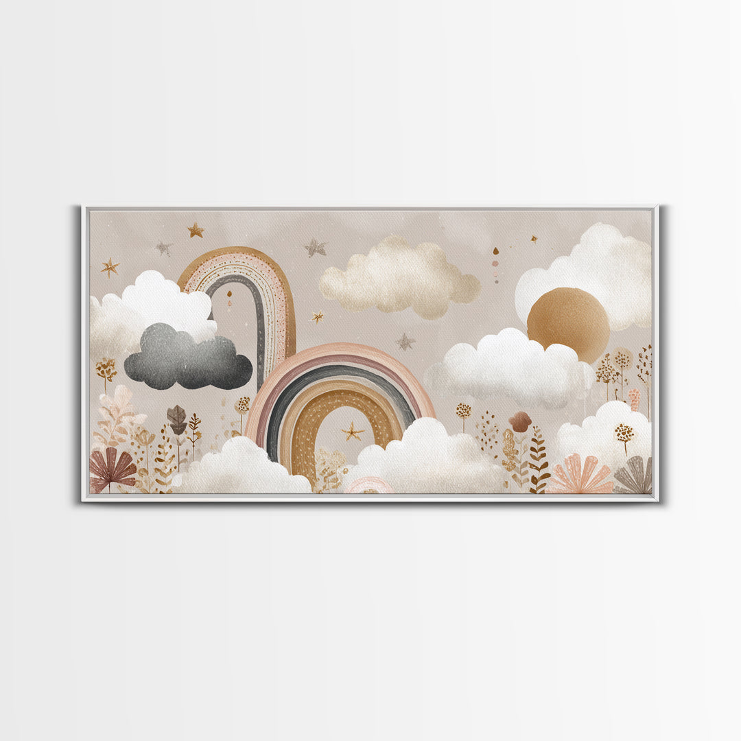 Cloud Rainbow and Raindrop Composition Canvas Print, Nursery Decor, Framed Wall Art, Fine Art, Nursery, Safari Nursery Decor, NDE-2x1-64