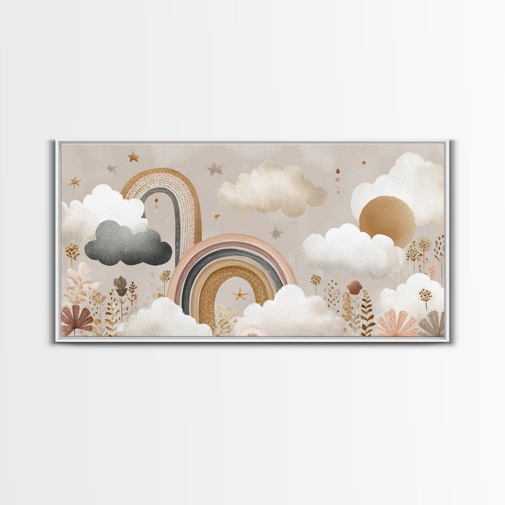 Cloud Rainbow and Raindrop Composition Canvas Print, Nursery Decor, Framed Wall Art, Fine Art, Nursery, Safari Nursery Decor, NDE-2x1-64