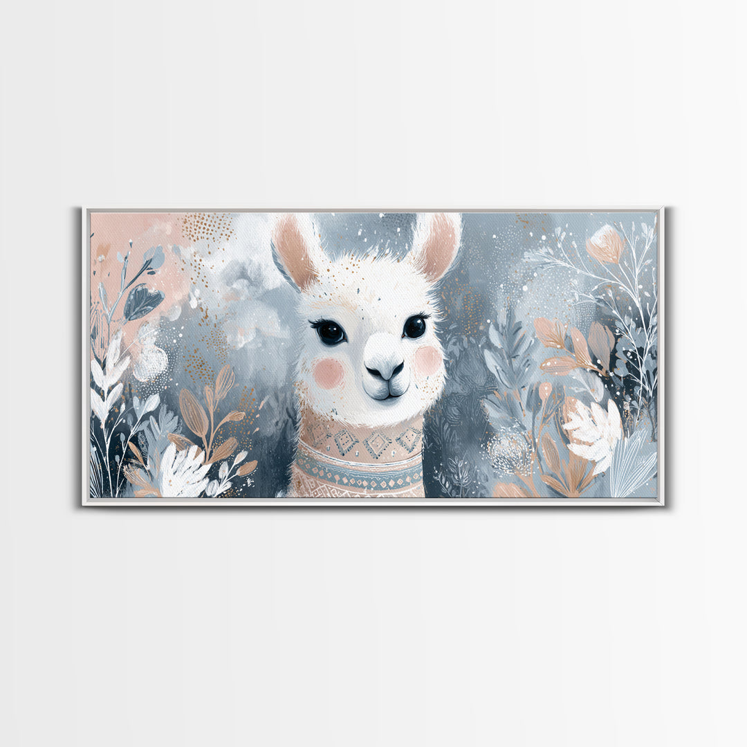 Cute Llama with Blanket Pattern Framed Canvas Print, Nursery Decor, Wall Decals, Abstract Art, Nursery, Girl Nursery Decor, NDE-2x1-65