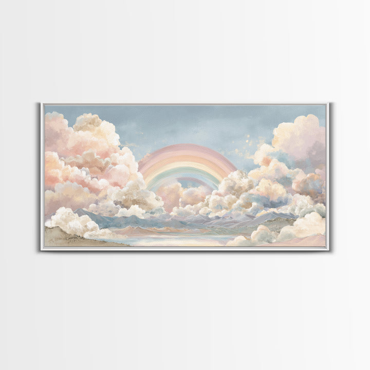 Pastel Rainbow with Soft Cloud Shapes Canvas Print, Nursery Decor, Floral Wall Art, Abstract Art, Nursery, Gallery Decor, NDE-2x1-69