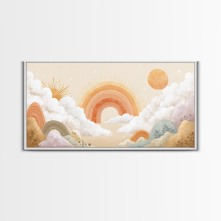 Neutral Boho Sun and Arch Shapes Framed Canvas Print, Nursery Decor, Canvas, Abstract Art, Nursery, Playroom Decor, NDE-2x1-7
