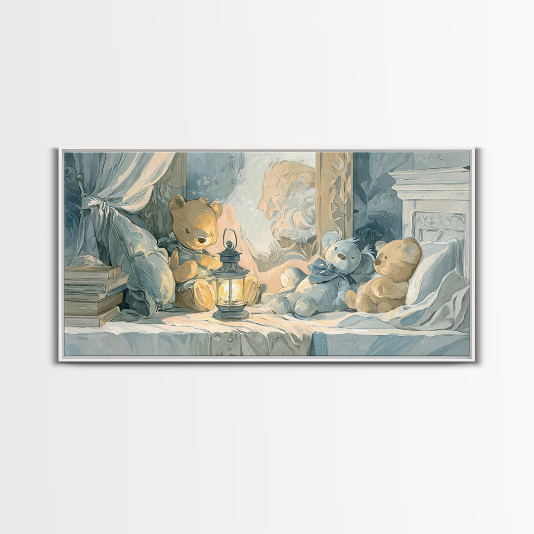 Storybook Bear with Little Lantern Canvas Print, Nursery Decor, Wall, Oil Painting, Nursery, Nursery Wall Decals, NDE-2x1-77
