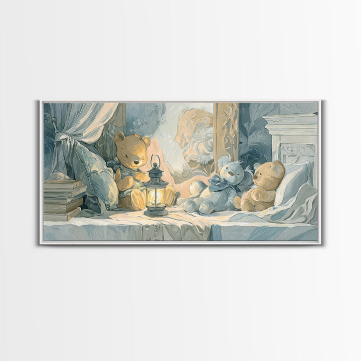 Storybook Bear with Little Lantern Canvas Print, Nursery Decor, Wall, Oil Painting, Nursery, Nursery Wall Decals, NDE-2x1-77