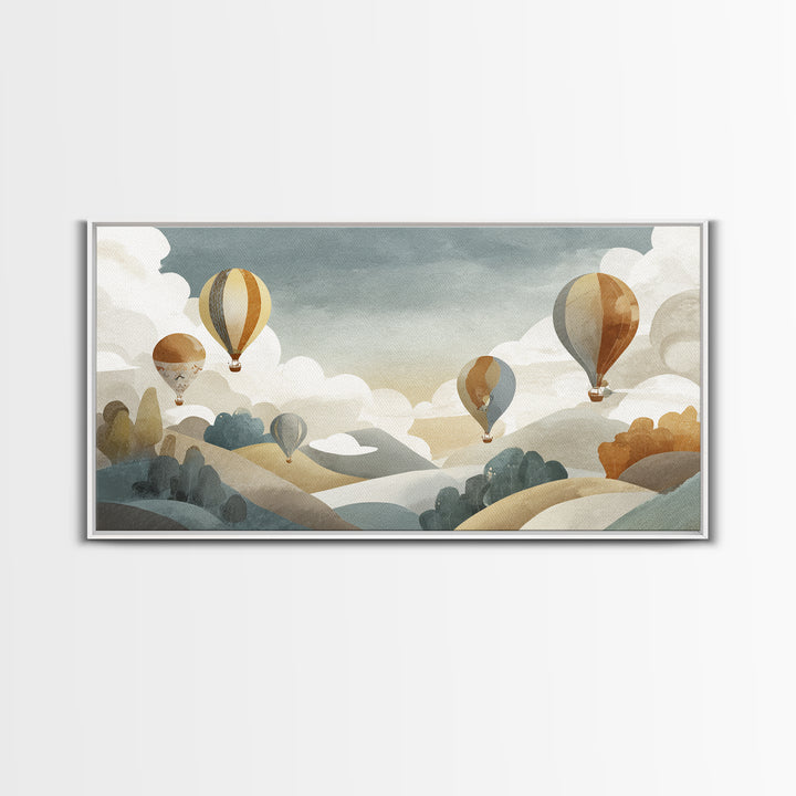 Hot Air Balloon Drifting Framed Canvas Print, Nursery Decor, Playroom Decor, Nursery, Boy Nursery Decor, Gallery Decor, NDE-2x1-80