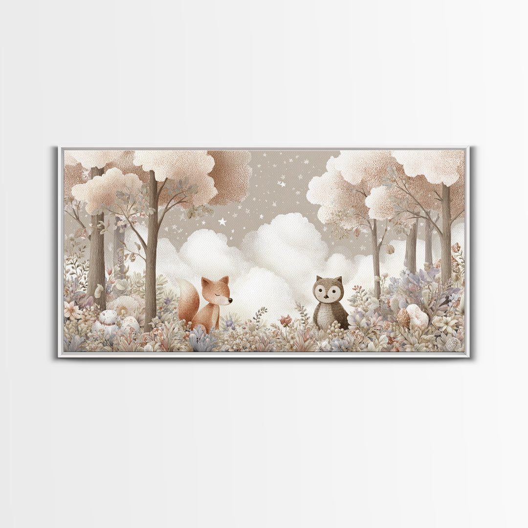 Fox and Owl Friends Canvas Print, Nursery Decor, Canvas, Fine Art, Nursery, Playroom Decor, Floral Wall Art, Botanical Wall Art, NDE-2x1-82