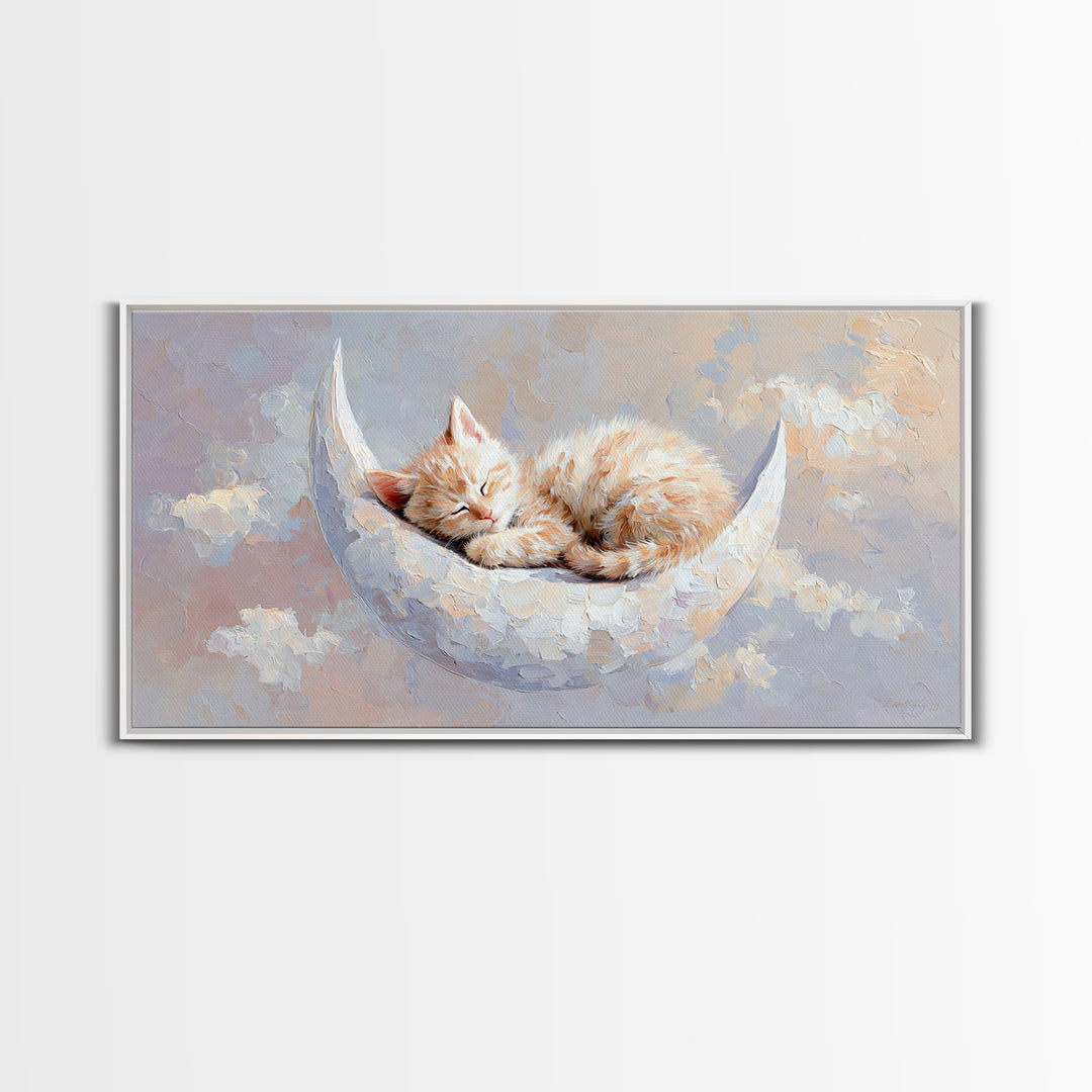 Sleeping Kitten on Crescent Moon Framed Canvas Print, Nursery Decor, Nursery Prints, Fine Art, Nursery, Nursery Wall Decal, NDE-2x1-85