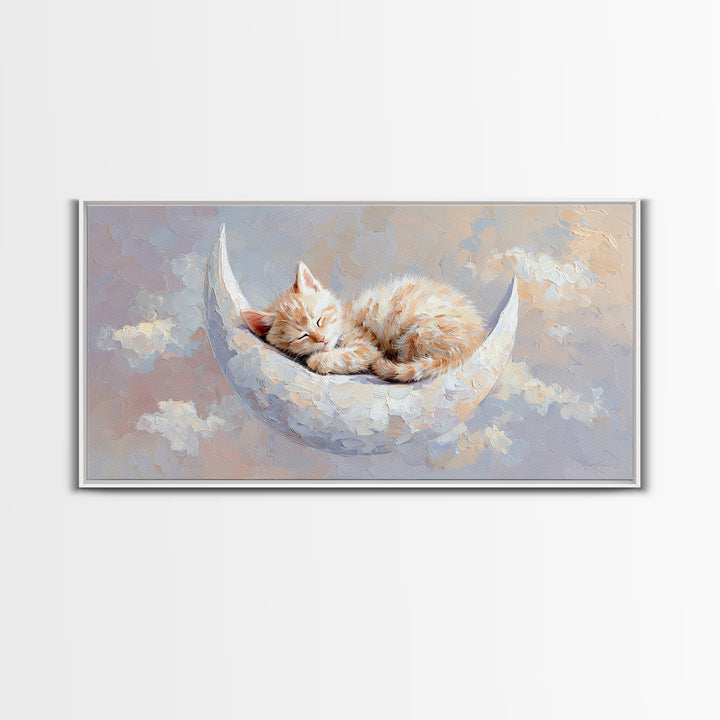 Sleeping Kitten on Crescent Moon Framed Canvas Print, Nursery Decor, Nursery Prints, Fine Art, Nursery, Nursery Wall Decal, NDE-2x1-85