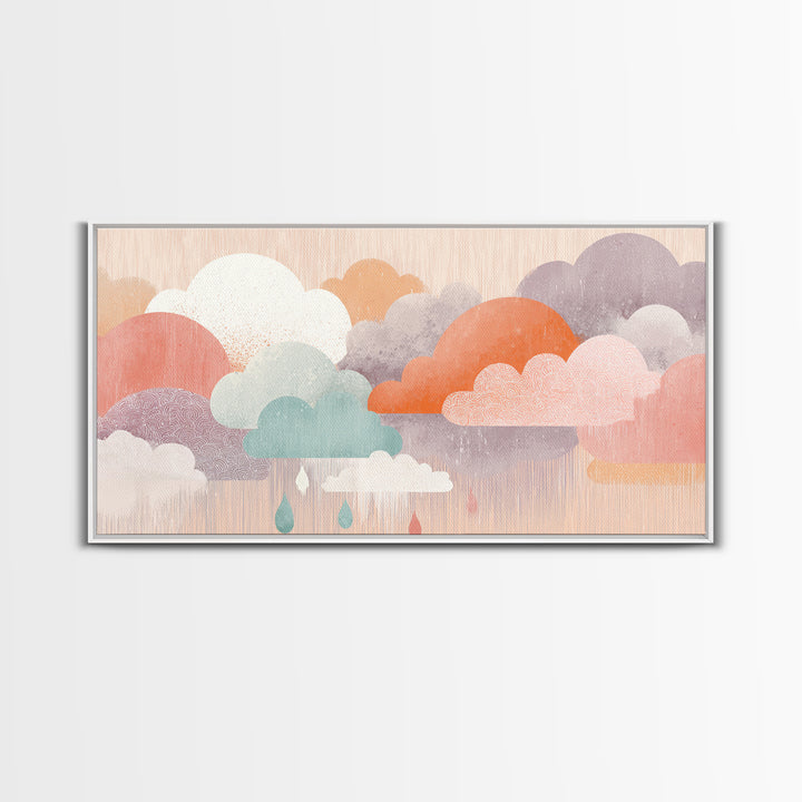 Cloud Rainbow and Raindrop Composition Framed Canvas Print, Nursery Decor, Nursery Art, Fine Art, Nursery, Kids Wall Art, NDE-2x1-88