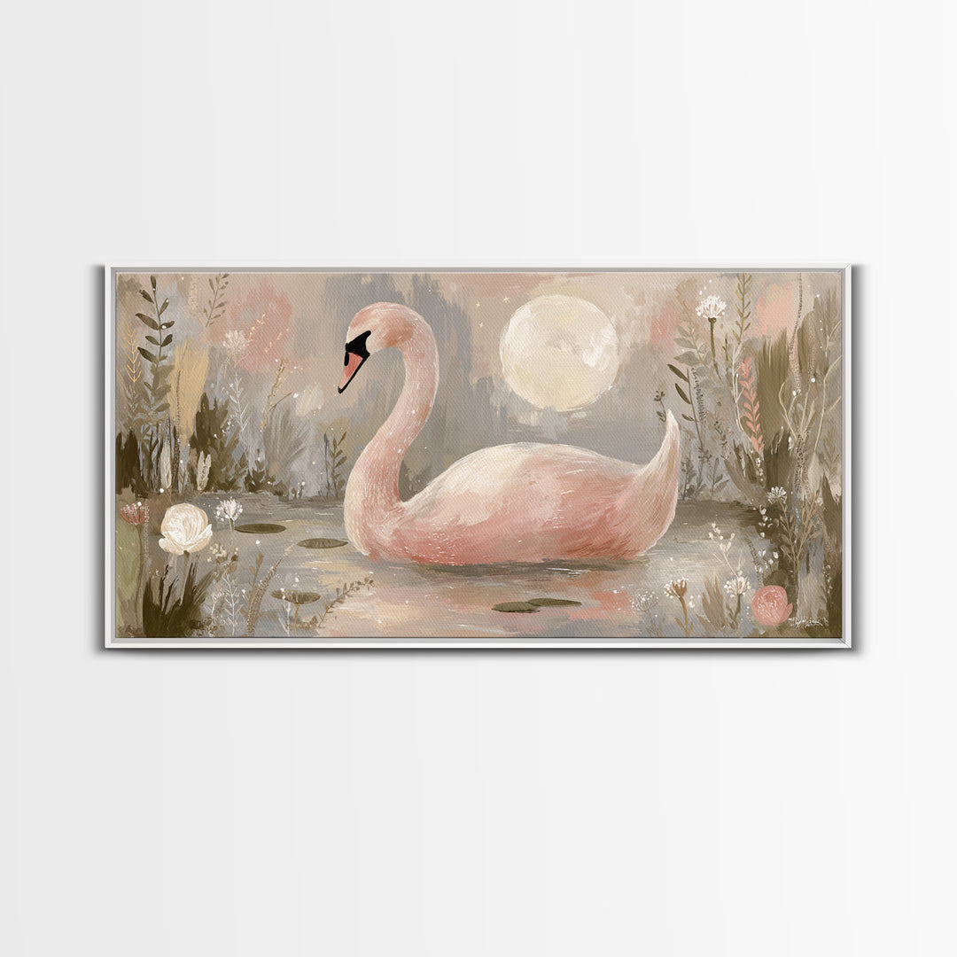 Pink Swan on Calm Pond Framed Canvas Print, Nursery Decor, Printable Wall Art, Nursery, Nursery Prints, Playroom Decor, NDE-2x1-9