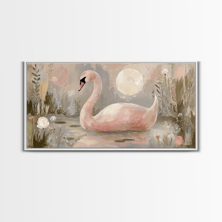 Pink Swan on Calm Pond Framed Canvas Print, Nursery Decor, Printable Wall Art, Nursery, Nursery Prints, Playroom Decor, NDE-2x1-9