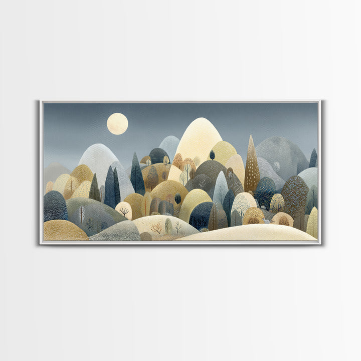 Calm Mountain Nursery Landscape Framed Canvas Print, Nursery Decor, Wall, Nursery, Nursery Wall Decals, Woodland Nursery, NDE-2x1-92
