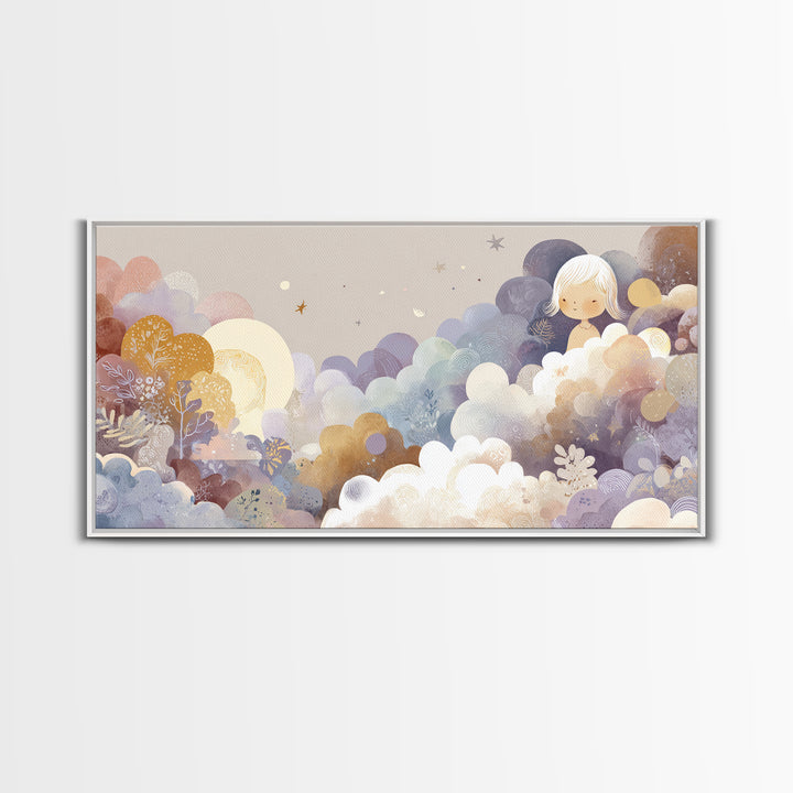 Pastel Rainbow with Soft Cloud Shapes Canvas Print, Nursery Decor, Floral Wall Art, Abstract Art, Nursery, Gallery Decor, NDE-2x1-93