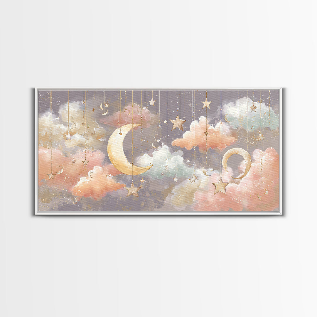Moon Phase Mobile Framed Canvas Print, Nursery Decor, Neutral Decor, Fine Art, Nursery, Home Decor, Wall Decor, Art Print, NDE-2x1-95