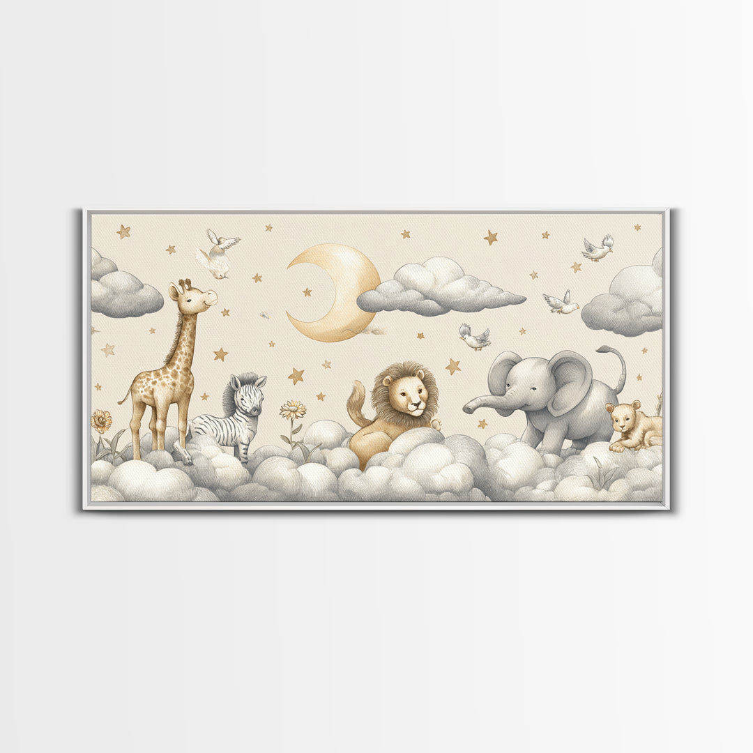 Cute Safari Animals Framed Canvas Print, Nursery Decor, Floral Wallpaper, Oil Painting, Nursery, Fine Art Print, NDE-2x1-96