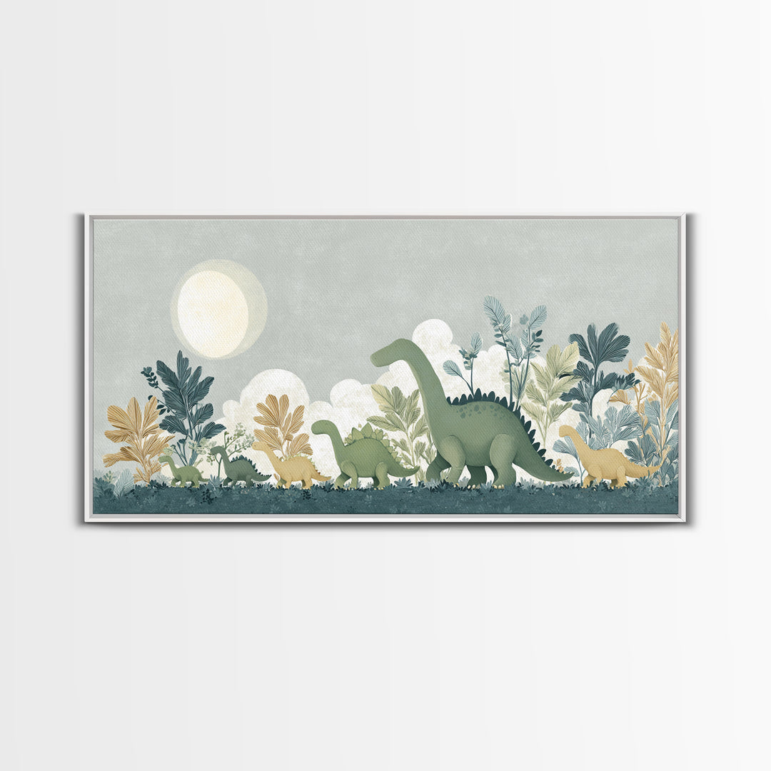 Gentle Dinosaur Family Framed Canvas Print, Nursery Decor, Floral Wall Art, Fine Art, Nursery, Gallery Decor, Neutral Decor, NDE-2x1-99