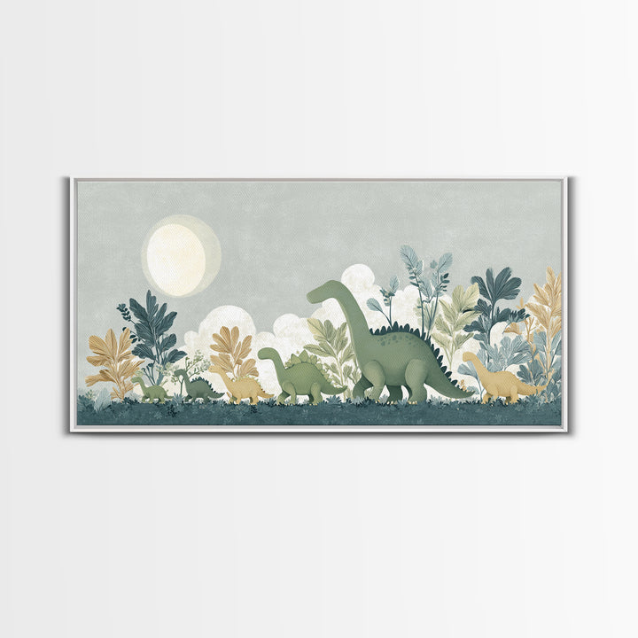 Gentle Dinosaur Family Framed Canvas Print, Nursery Decor, Floral Wall Art, Fine Art, Nursery, Gallery Decor, Neutral Decor, NDE-2x1-99