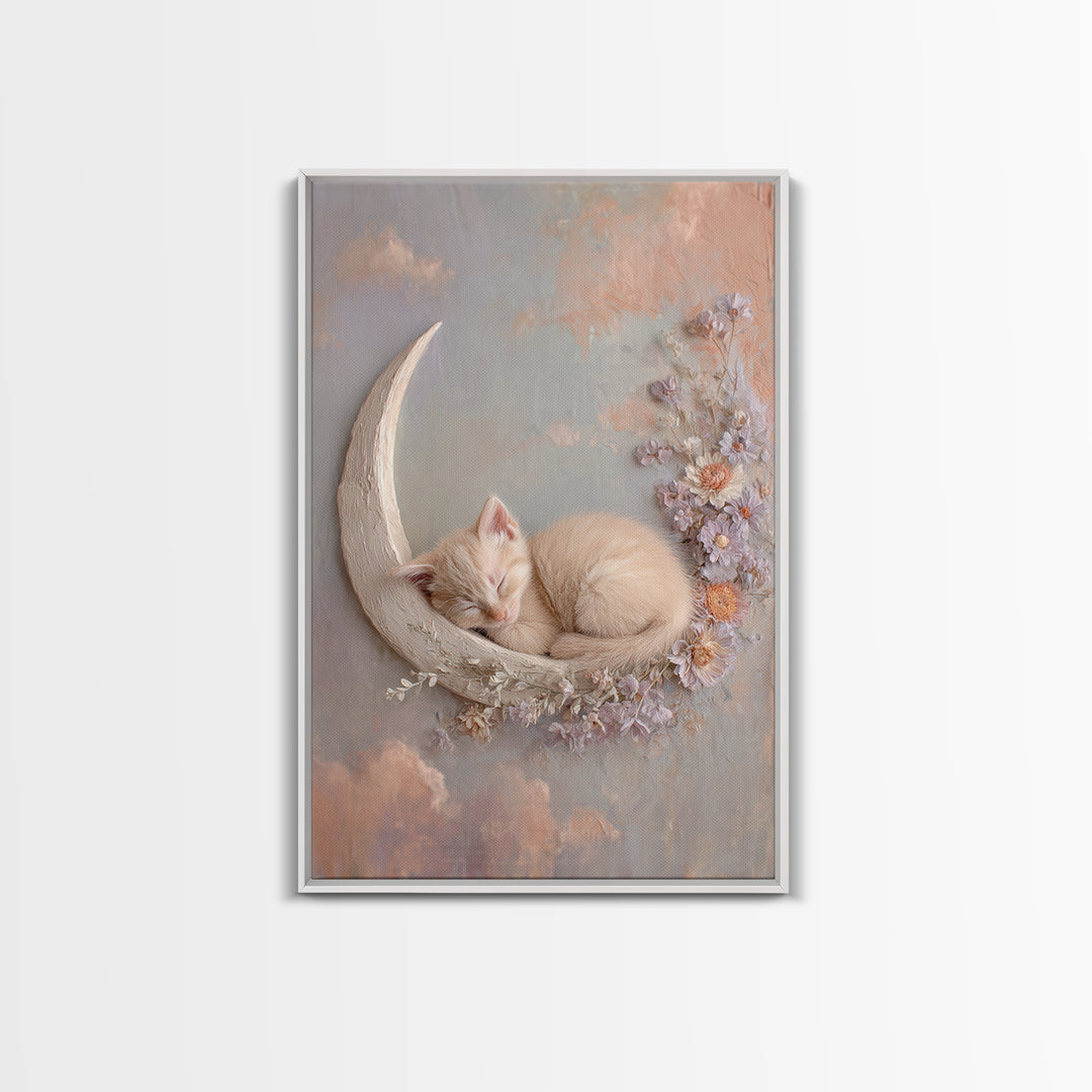 Sleeping Kitten on Crescent Moon Framed Canvas Print, Nursery Decor, Framed Wall Art, Fine Art, Nursery, Safari Nursery Decor, NDE-2x3-1