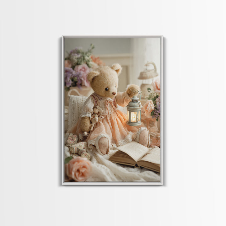 Storybook Bear with Little Lantern Framed Canvas Print, Nursery Decor, Wall Decals, Abstract Art, Nursery, Girl Nursery Decor, NDE-2x3-17