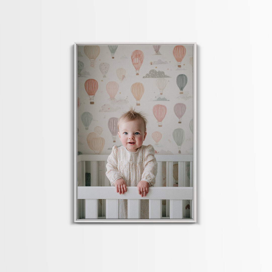 Hot Air Balloon Drifting Framed Canvas Print, Nursery Decor, Wall, Oil Painting, Nursery, Nursery Wall Decals, Woodland Nursery, NDE-2x3-20