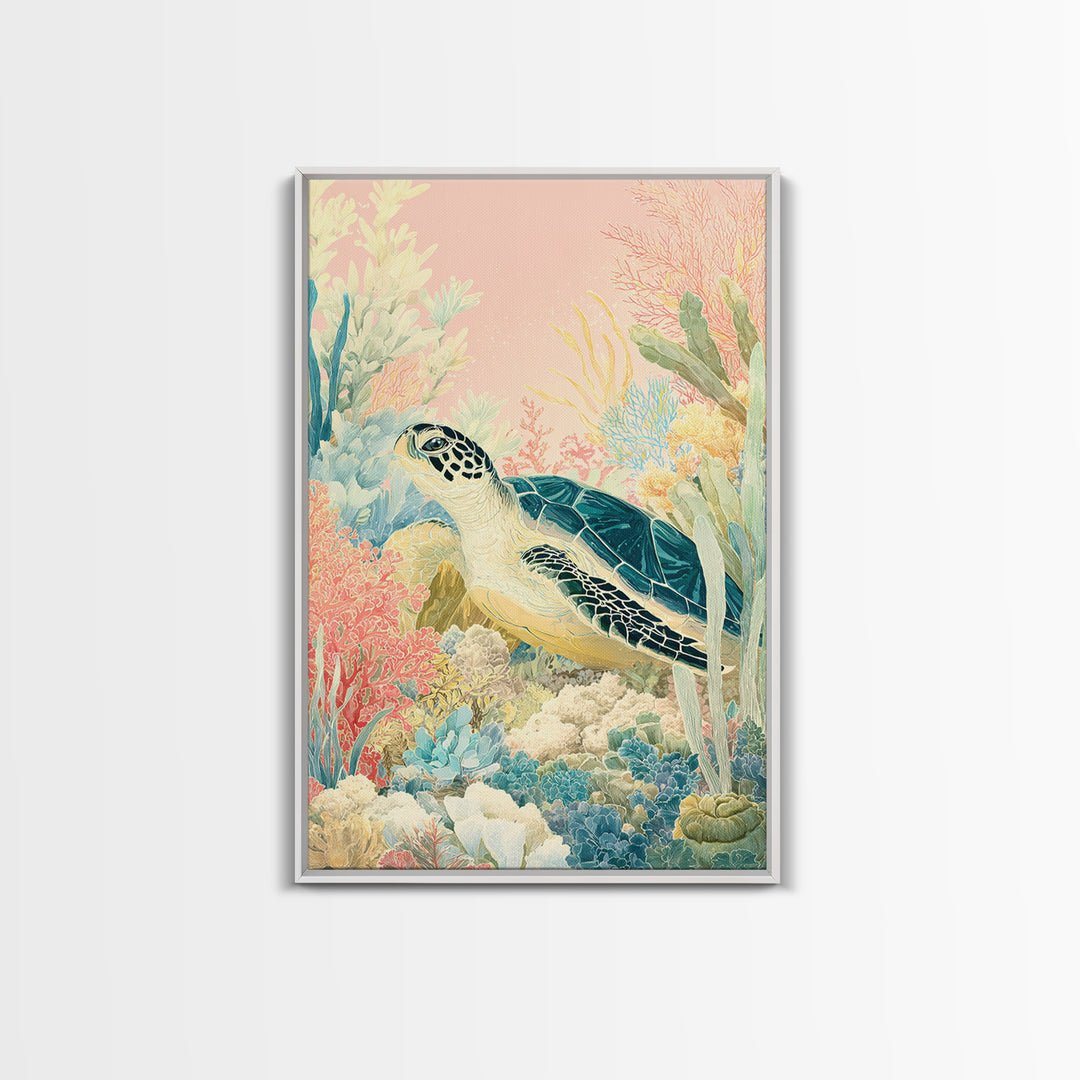 Tiny Turtle with Sea Plants Framed Canvas Print, Nursery Decor, Room Decor, Fine Art, Nursery, Framed Wall Art, Bedroom Decor, NDE-2x3-3
