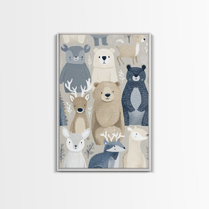 Woodland Animal Parade Framed Canvas Print, Nursery Decor, Canvas, Fine Art, Nursery, Playroom Decor, Floral Wall Art, NDE-2x3-34