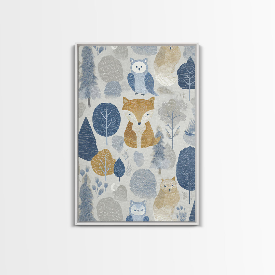 Fox and Owl Friends Framed Canvas Print, Nursery Decor, Wall Decor, Fine Art, Nursery, Woodland Nursery Decor, Nursery Prints, NDE-2x3-46