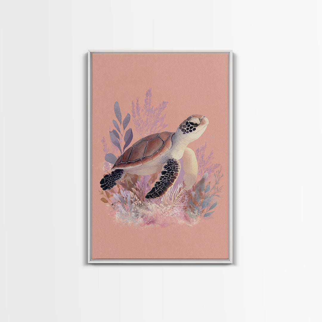 Tiny Turtle with Sea Plants Framed Canvas Print, Nursery Decor, Nursery Wall Art, Oil Painting, Nursery, Botanical Wall Art, NDE-2x3-51