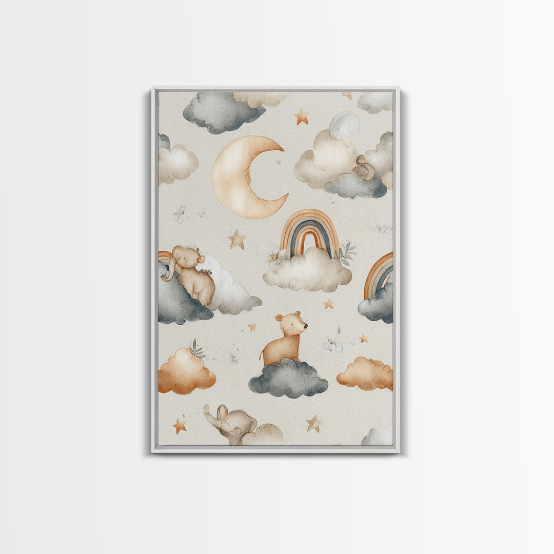 Cloud Rainbow and Raindrop Composition Framed Canvas Print, Nursery Decor, Wall Decor, Nursery, Woodland Nursery Decor, NDE-2x3-52