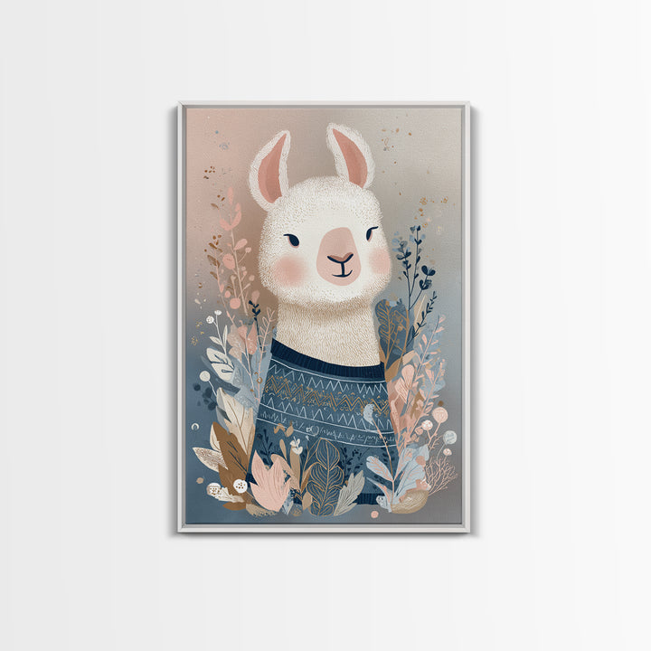 Cute Llama with Blanket Pattern Framed Canvas Print, Nursery Decor, Wall, Oil Painting, Nursery, Nursery Wall Decals, NDE-2x3-53