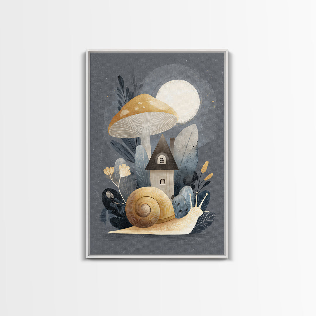 Garden Snail with Mushroom House Framed Canvas Print, Nursery Decor, Framed Wall Art, Oil Painting, Nursery, NDE-2x3-55