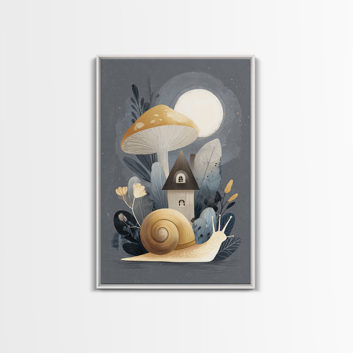 Garden Snail with Mushroom House Framed Canvas Print, Nursery Decor, Framed Wall Art, Oil Painting, Nursery, NDE-2x3-55