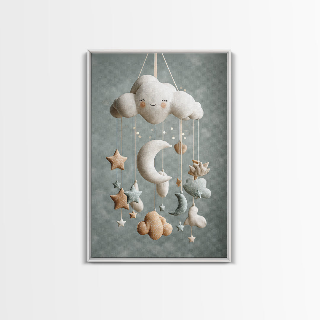 Moon Phase Mobile Framed Canvas Print, Nursery Decor, Wall, Oil Painting, Nursery, Nursery Wall Decals, Woodland Nursery, NDE-2x3-59