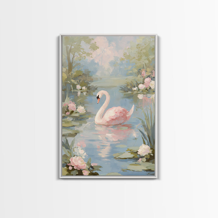Pink Swan on Calm Pond Framed Canvas Print, Nursery Decor, Floral Wall Art, Fine Art, Nursery, Gallery Decor, Neutral Decor, NDE-2x3-69