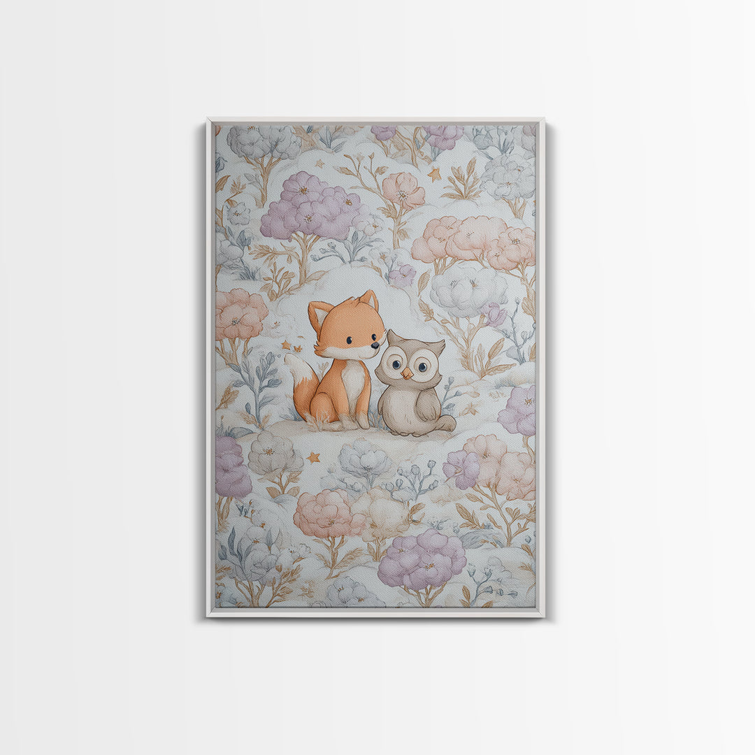 Fox and Owl Friends Canvas Print, Nursery Decor, Framed Wall Art, Oil Painting, Nursery, Safari Nursery Decor, Floral Wallpaper, NDE-2x3-70