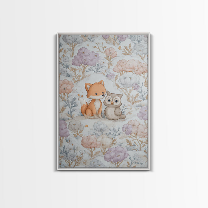 Fox and Owl Friends Canvas Print, Nursery Decor, Framed Wall Art, Oil Painting, Nursery, Safari Nursery Decor, Floral Wallpaper, NDE-2x3-70