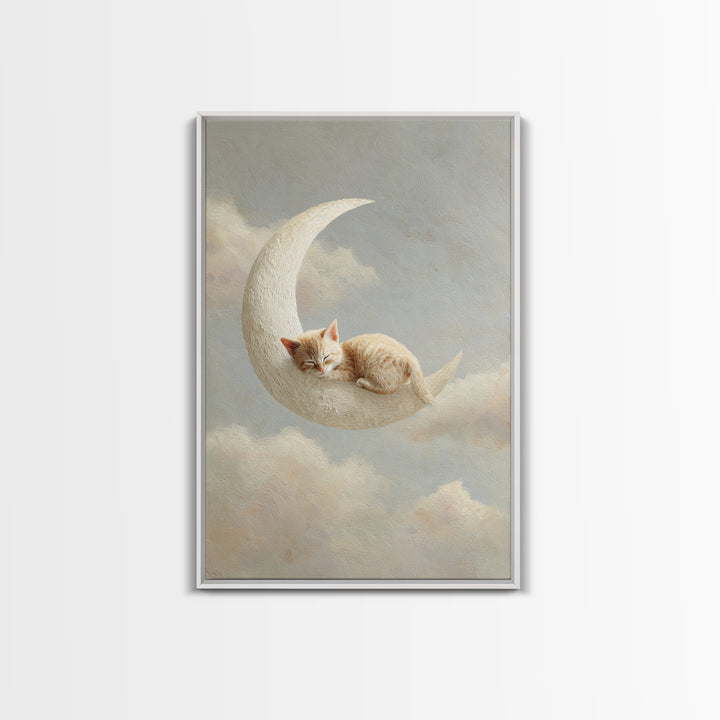 Sleeping Kitten on Crescent Moon Framed Canvas Print, Nursery Decor, Botanical Wall Art, Fine Art, Nursery, Neutral Decor, NDE-2x3-73