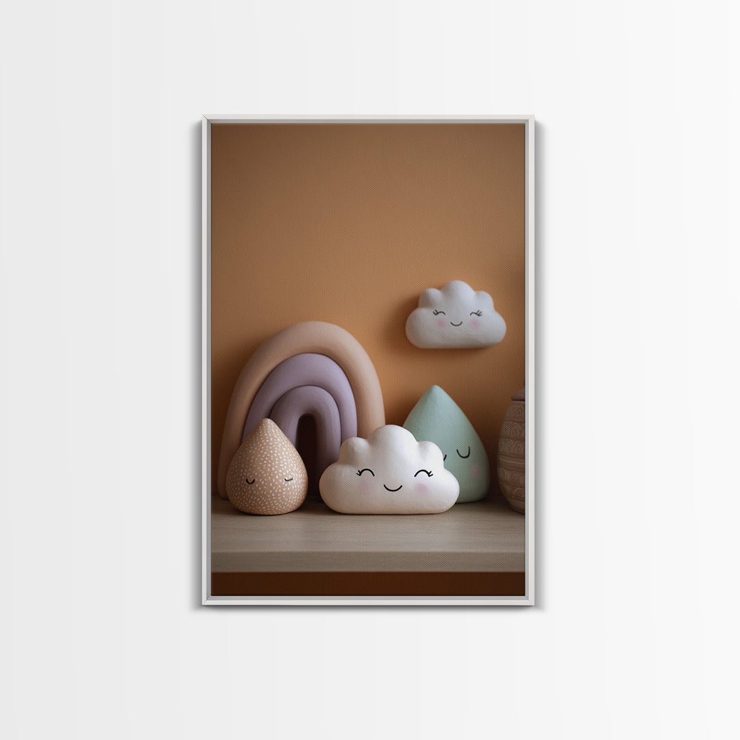 Cloud Rainbow and Raindrop Composition Framed Canvas Print, Nursery Decor, Nursery Name Sign, Fine Art, Nursery, Luxury Decor, NDE-2x3-76