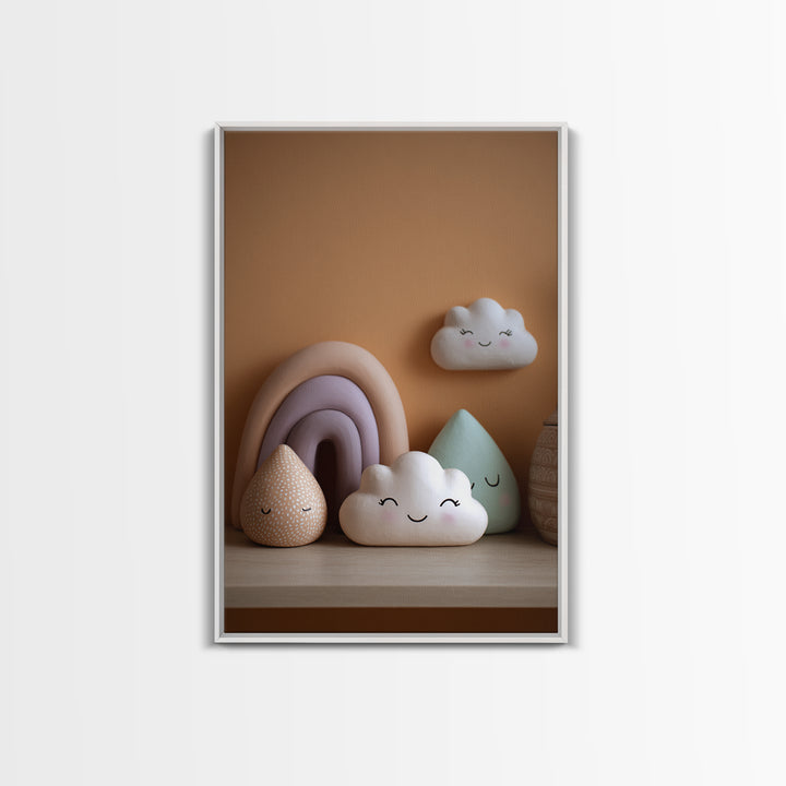 Cloud Rainbow and Raindrop Composition Framed Canvas Print, Nursery Decor, Nursery Name Sign, Fine Art, Nursery, Luxury Decor, NDE-2x3-76