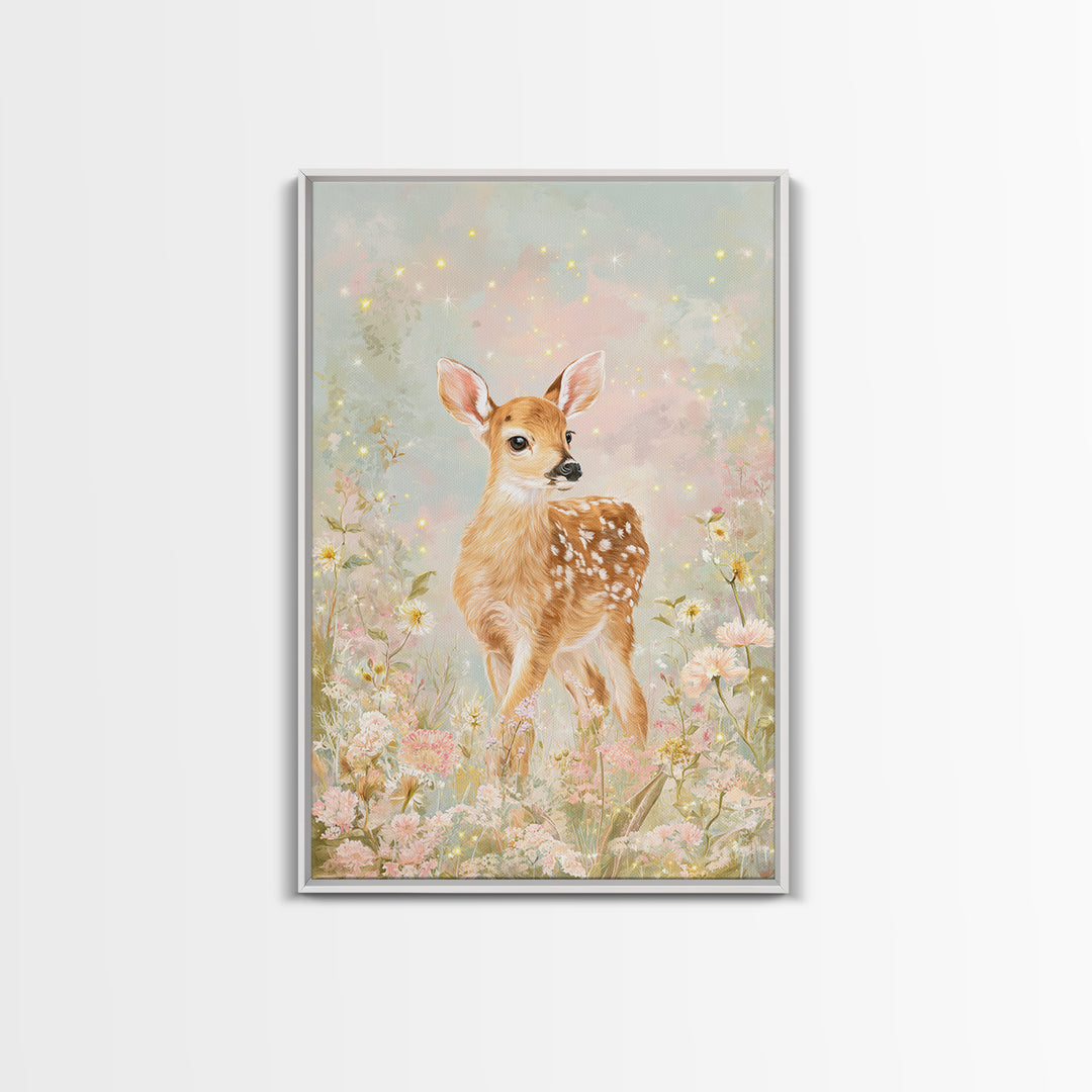 Baby Deer in Meadow with Fireflies Framed Canvas Print, Nursery Decor, Wall Decal, Nursery, Wall Light, Girl Nursery Decor, NDE-2x3-78