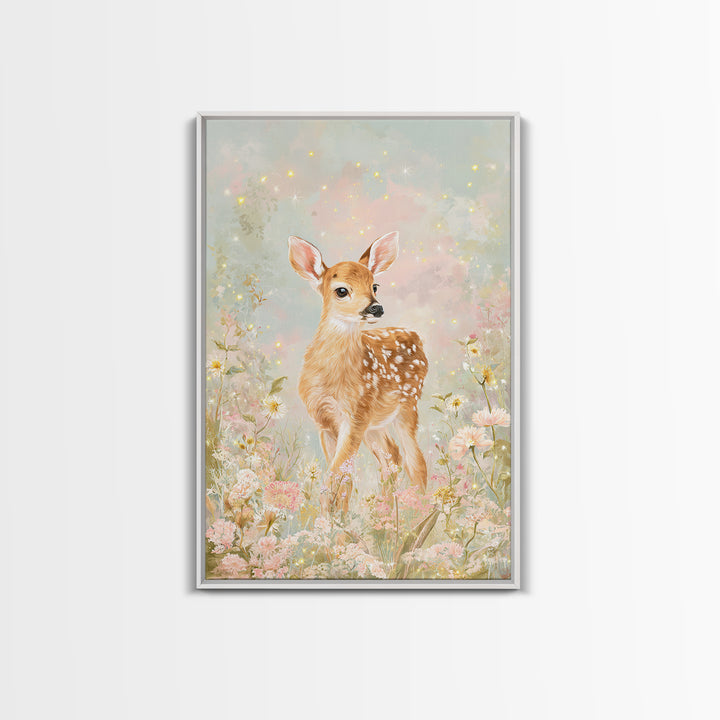 Baby Deer in Meadow with Fireflies Framed Canvas Print, Nursery Decor, Wall Decal, Nursery, Wall Light, Girl Nursery Decor, NDE-2x3-78
