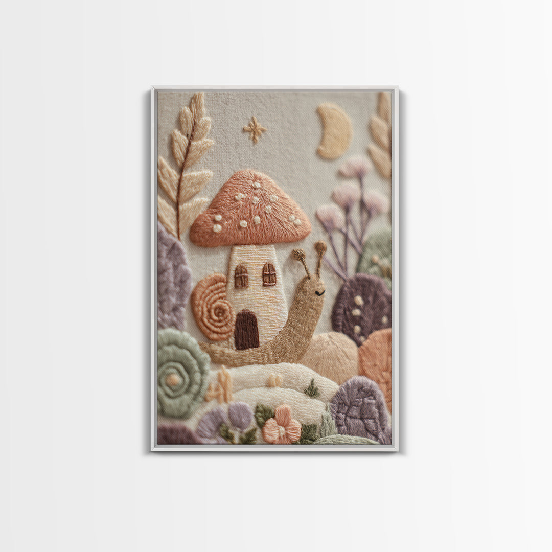Garden Snail with Mushroom House Canvas Print, Nursery Decor, Nursery Art, Watercolor Art, Nursery, Kids Wall Art, NDE-2x3-79